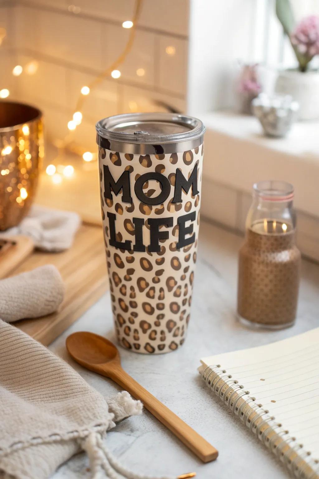 A 'Mom Life' themed animal spot tumbler that's impeccable for bustling mothers.