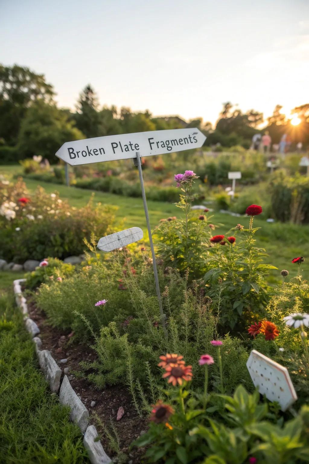 Backyard marker posts fashioned from plate fragments, symbolizing proliferation.