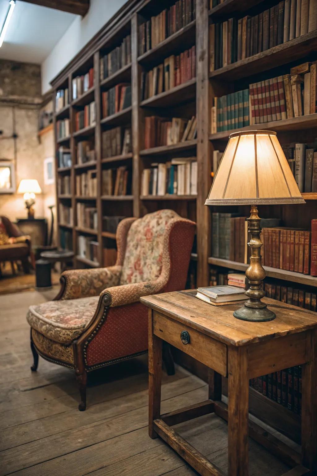 A library filled with vintage treasures and creatively revamped items.