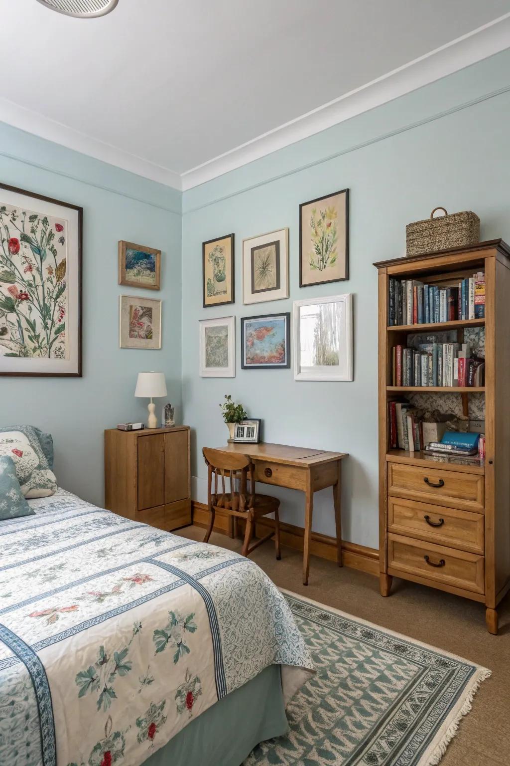 A bedroom's light blue walls act as a canvas for displaying art and personal collections.