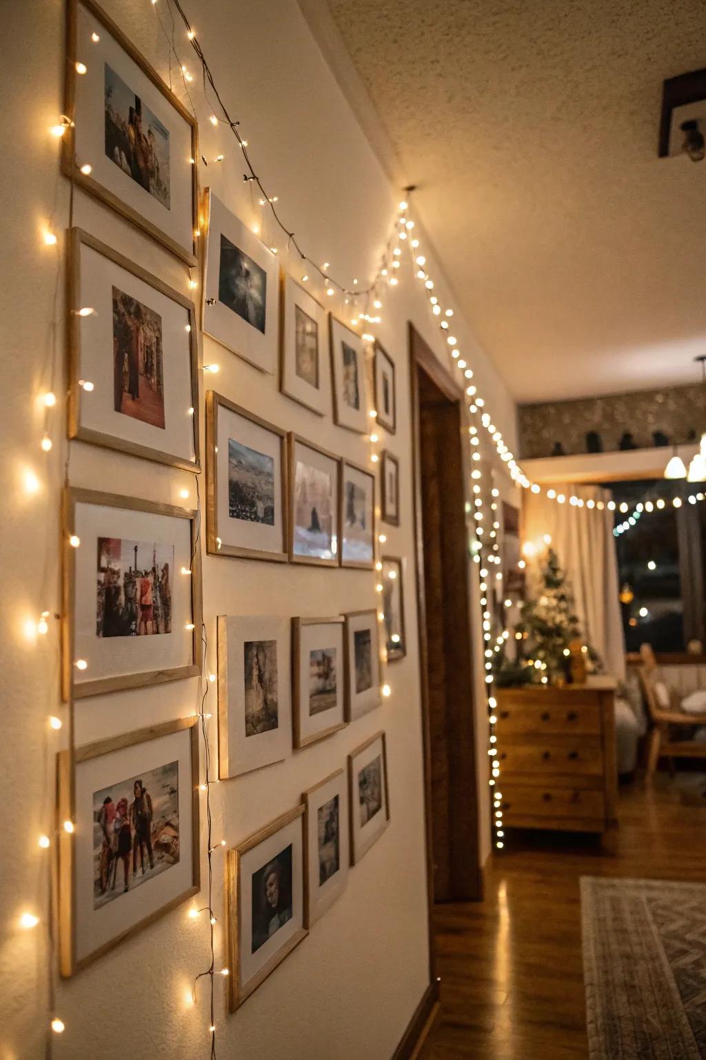 A wall of memories highlighted by glowing fairy lights.