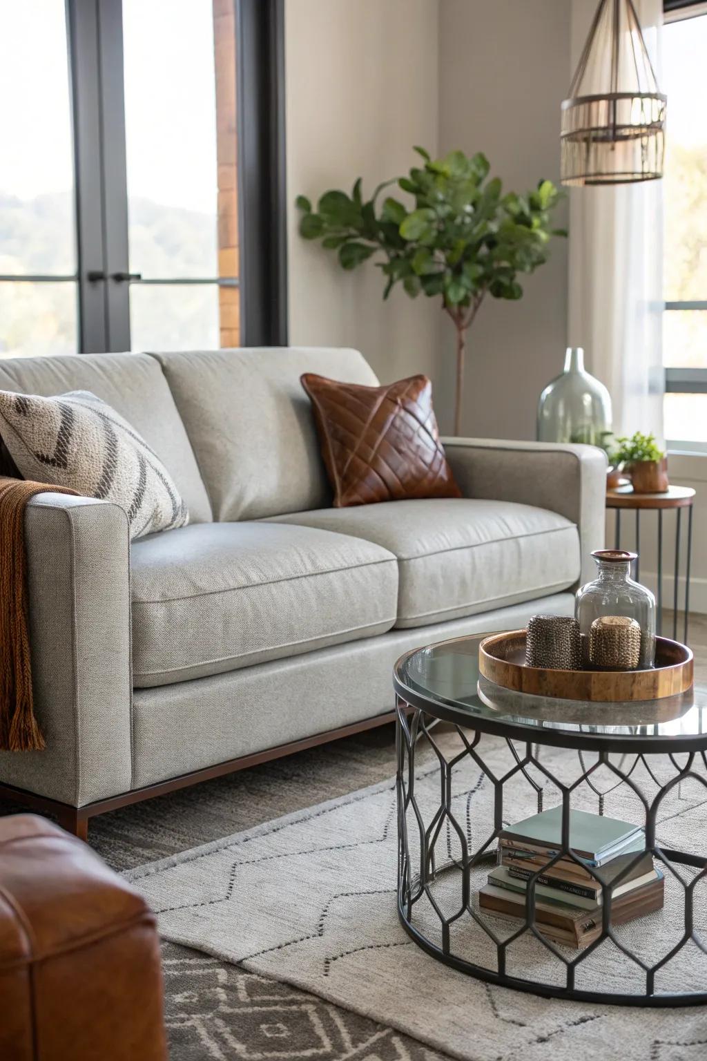Blending materials results in fullness and sophistication with a muted stone sofa.