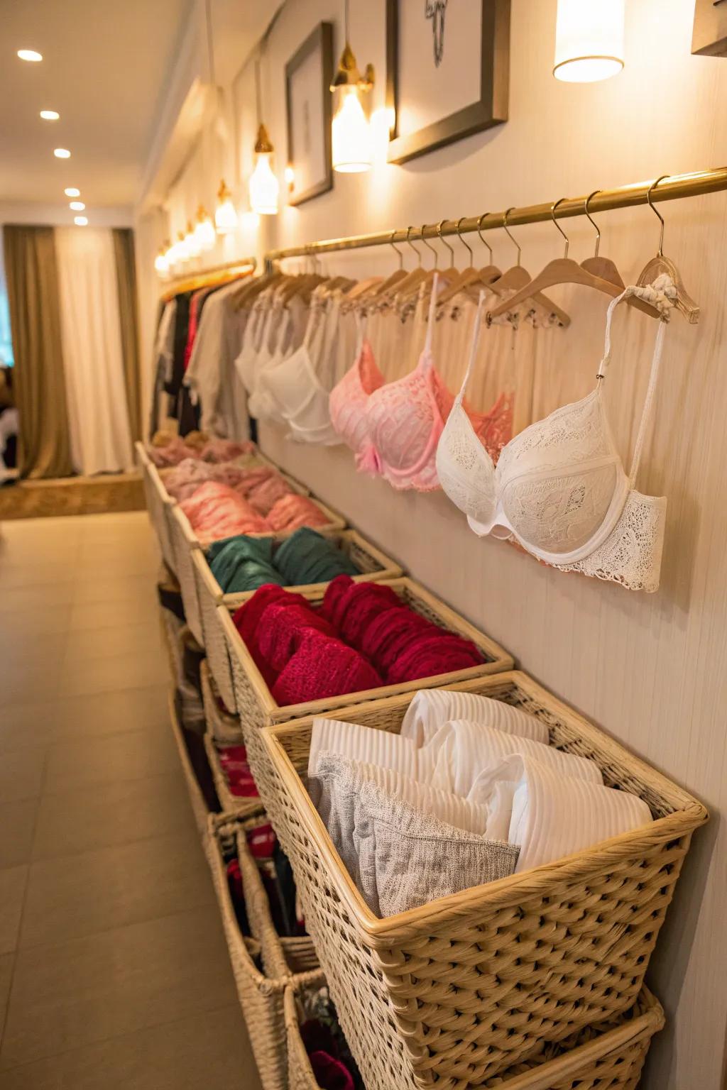 Wall-attached baskets deliver elegant and practical storage solutions.