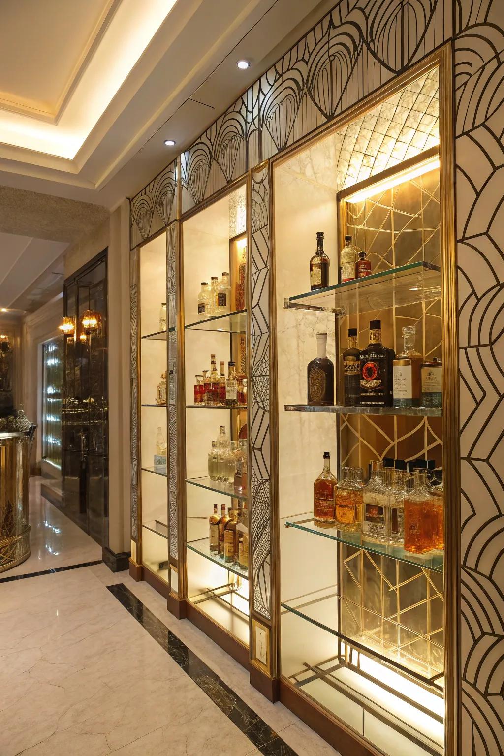 Art deco style with glass shelving.