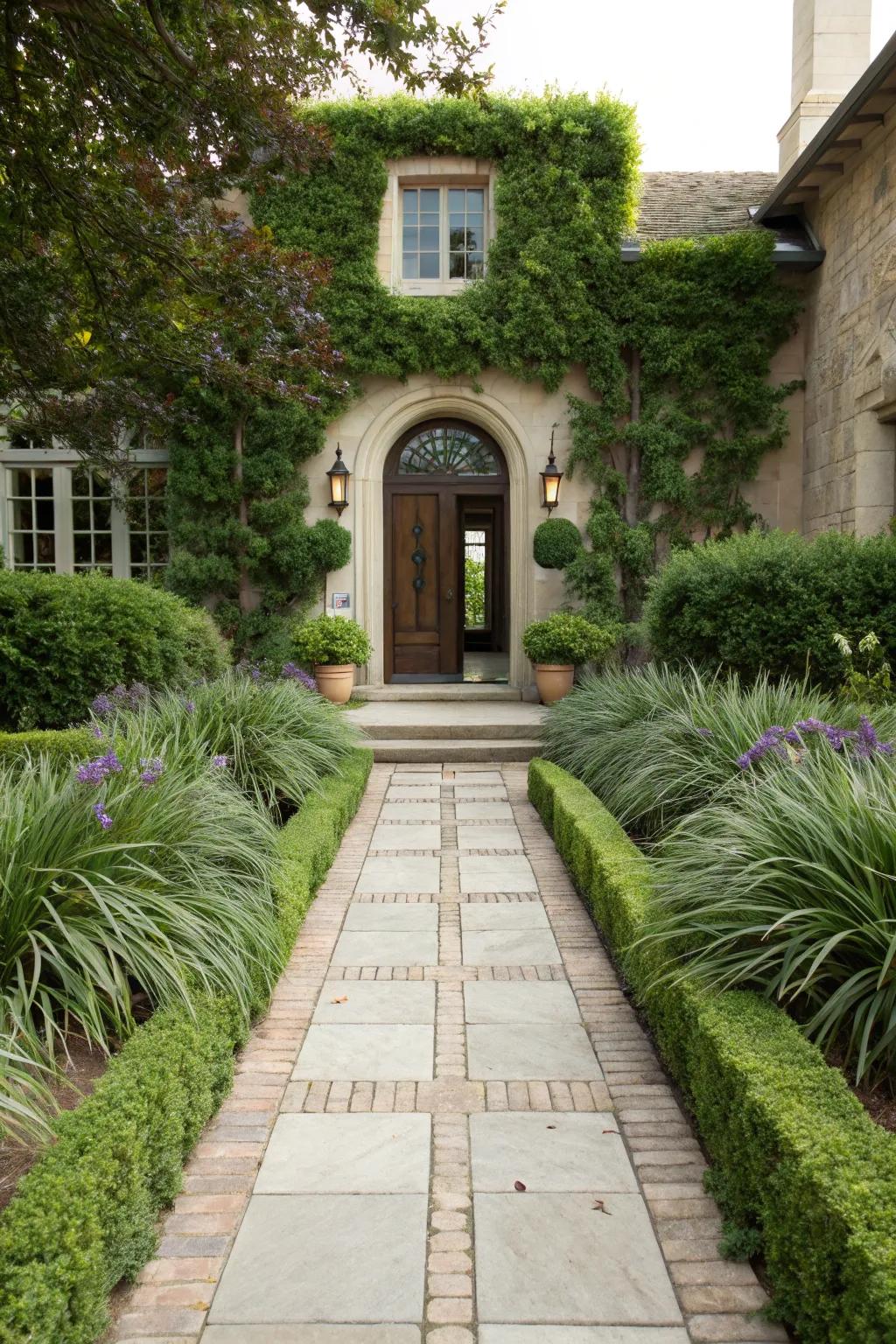 A home entrance beautifully bordered with liriope, inviting guests with its charm.