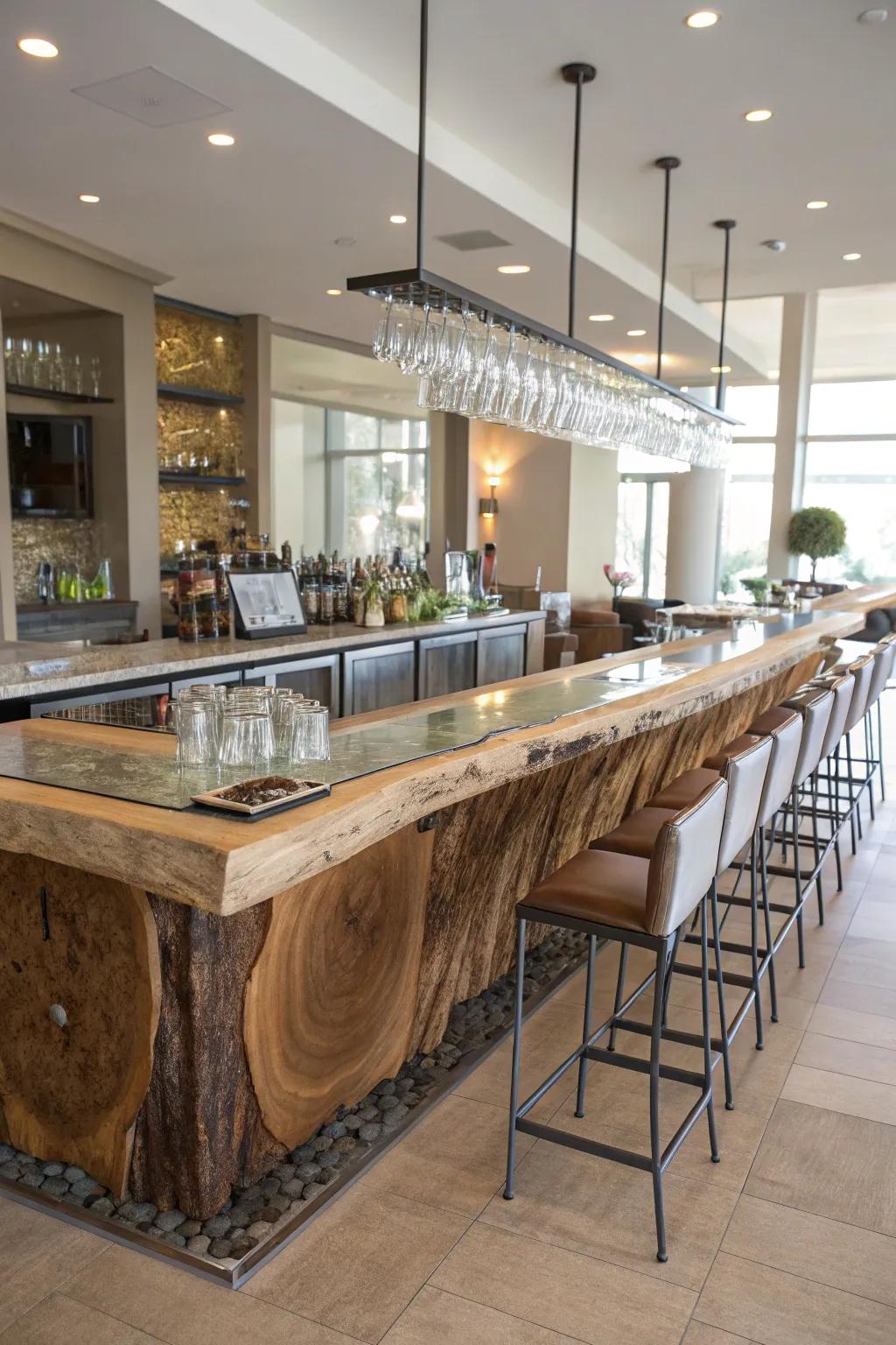 A live edge bar beautifully blended with contemporary metallic and glass features, establishing a fresh aesthetic.