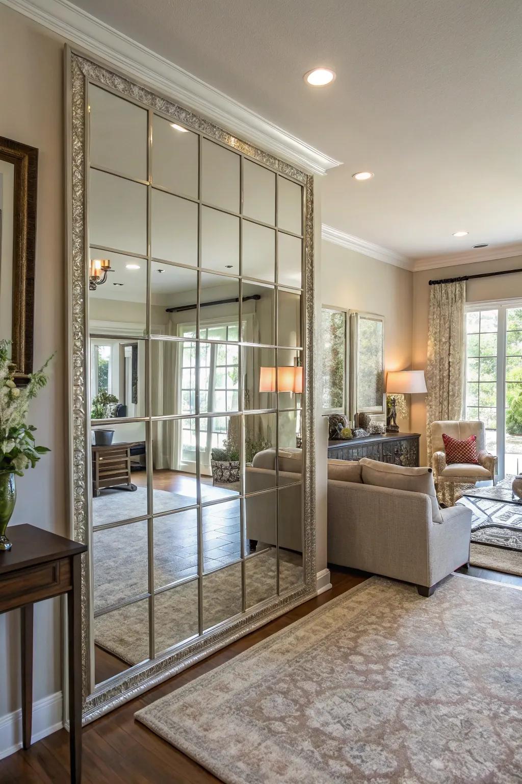 Reflective surfaces maximize the openness in this snug living room.