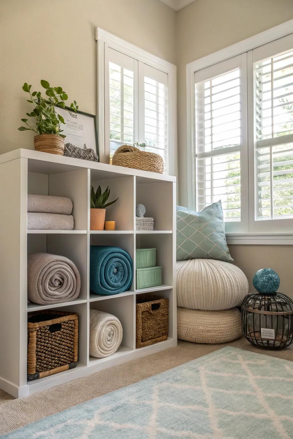 A tranquil reflection nook employing modular storage for a peaceful atmosphere.