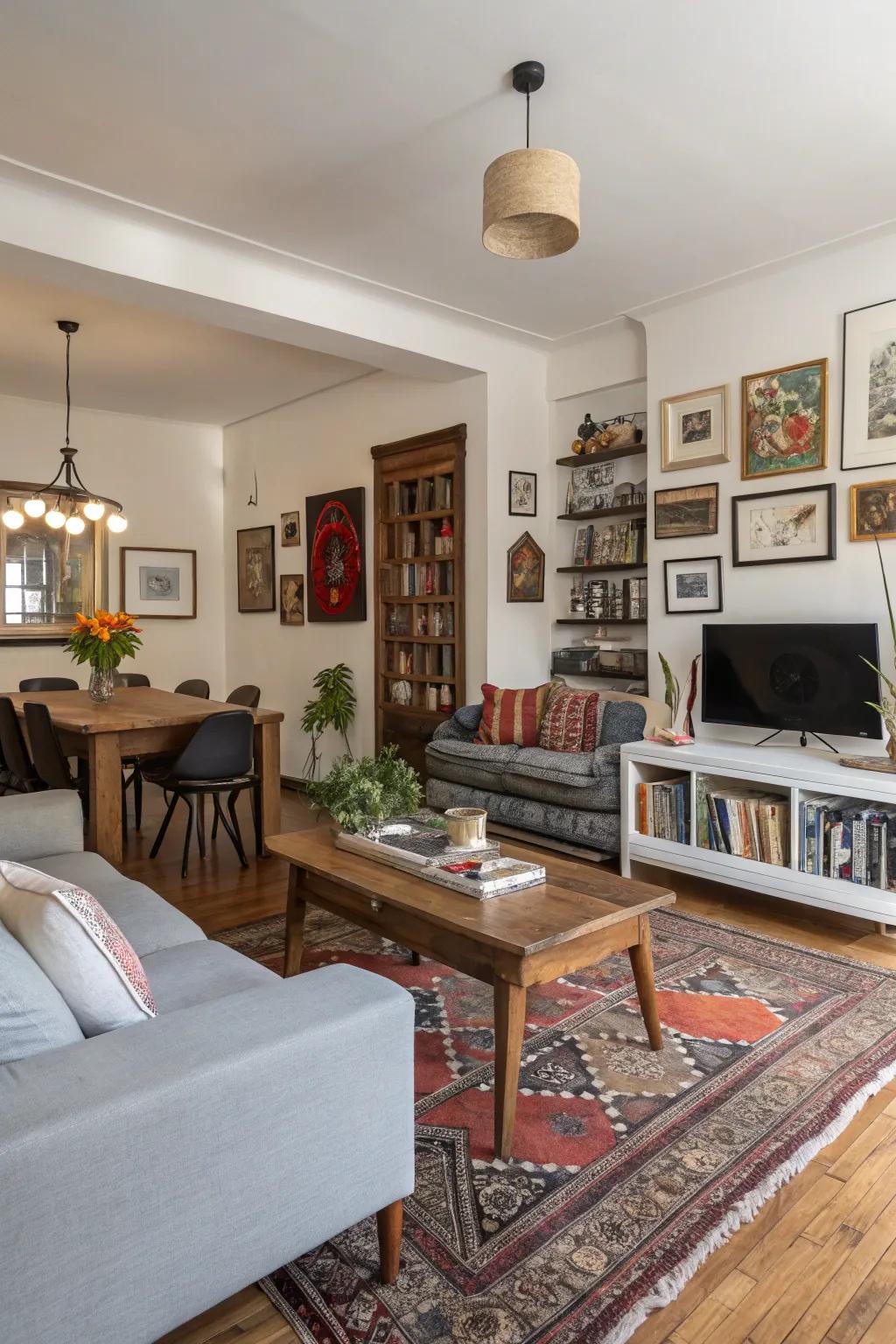 The combination of contemporary and classic styles builds a dynamic yet harmonious space.