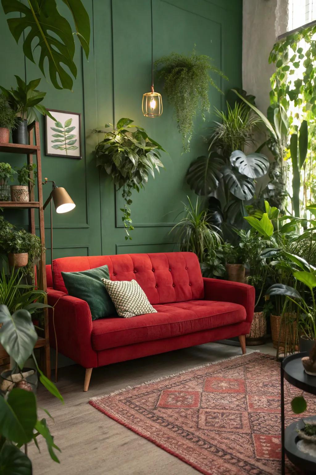 Plants give a room a revitalizing, fresh feel that enhances the vibrant crimson sofa.