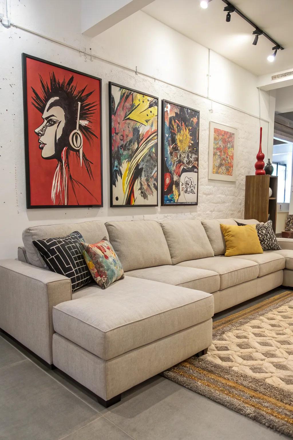 A statement wall dramatically enhances the impact of a sectional.