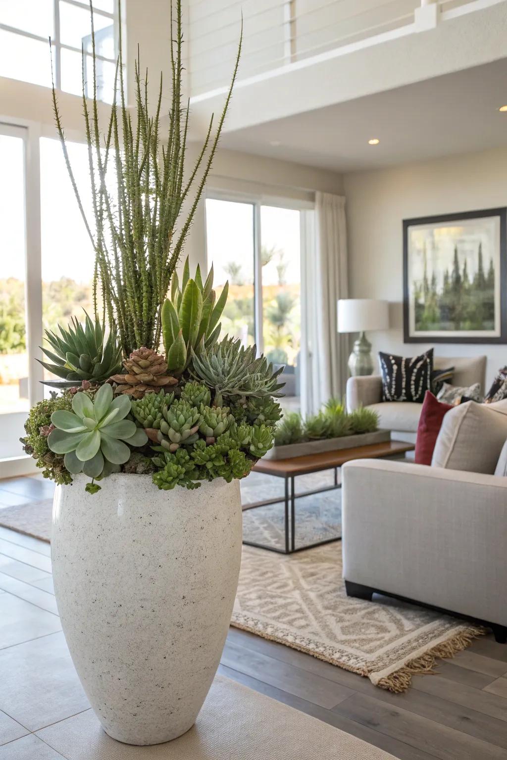 A sizable floor vase brimming with fleshy plants presents a contemporary and lush verdant accent.