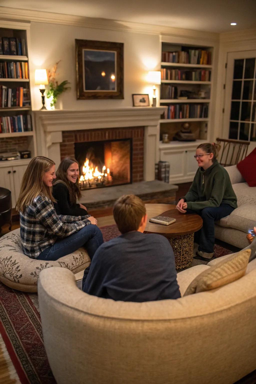 A conversational space seating layout around the fireplace.