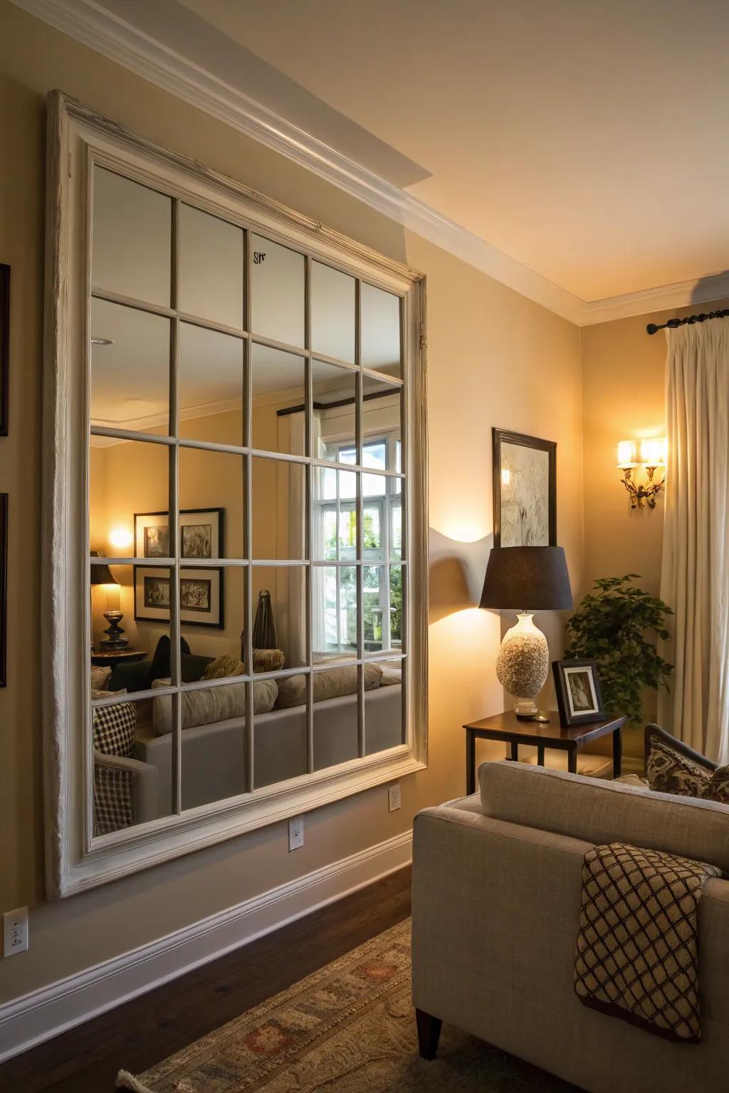 Mirrors resembling windows introduce light and expand the visual space.