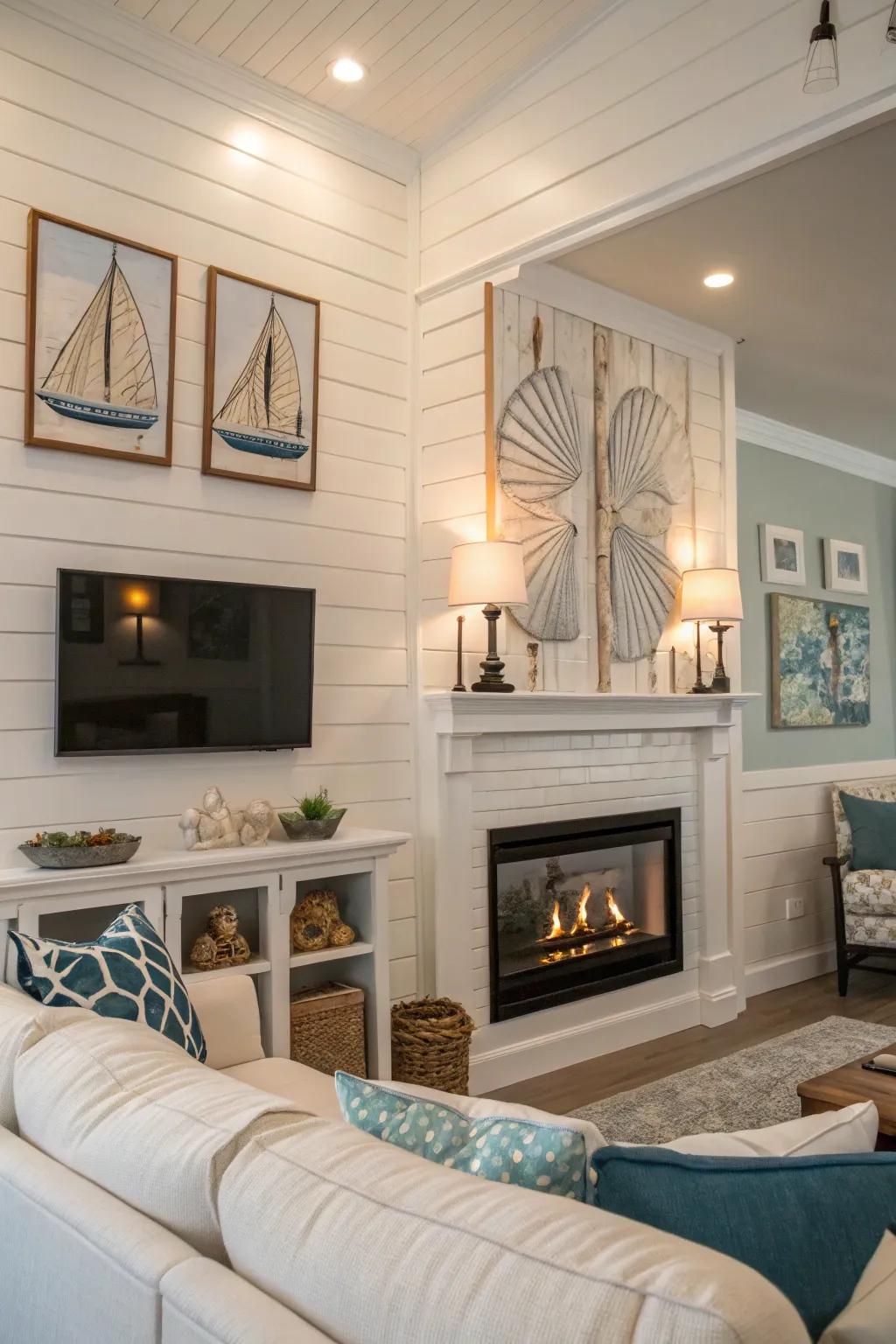 Clapboard panels conjure a serene, coastal ambiance.