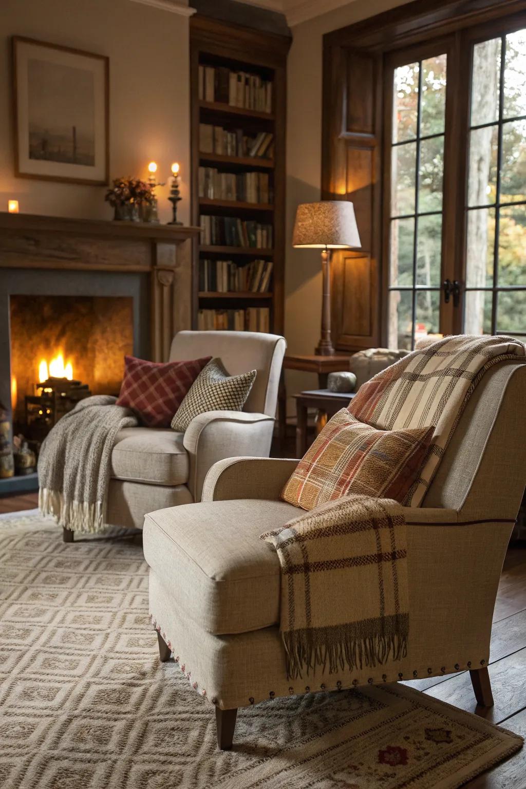 Layered textiles contribute dimension and snugness.