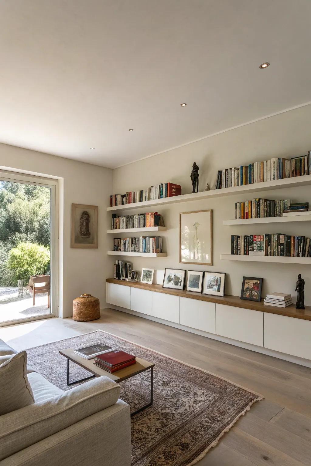 Wall-mounted shelves deliver a subtle and airy aesthetic.