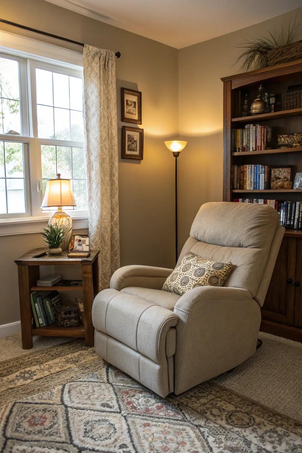 A clever employment of space featuring a corner recliner in a small family room.