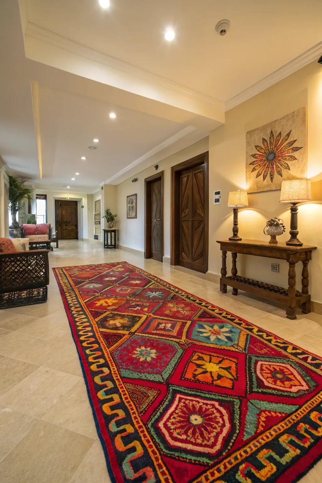 An entrance hall enlivened with a vibrant floor covering