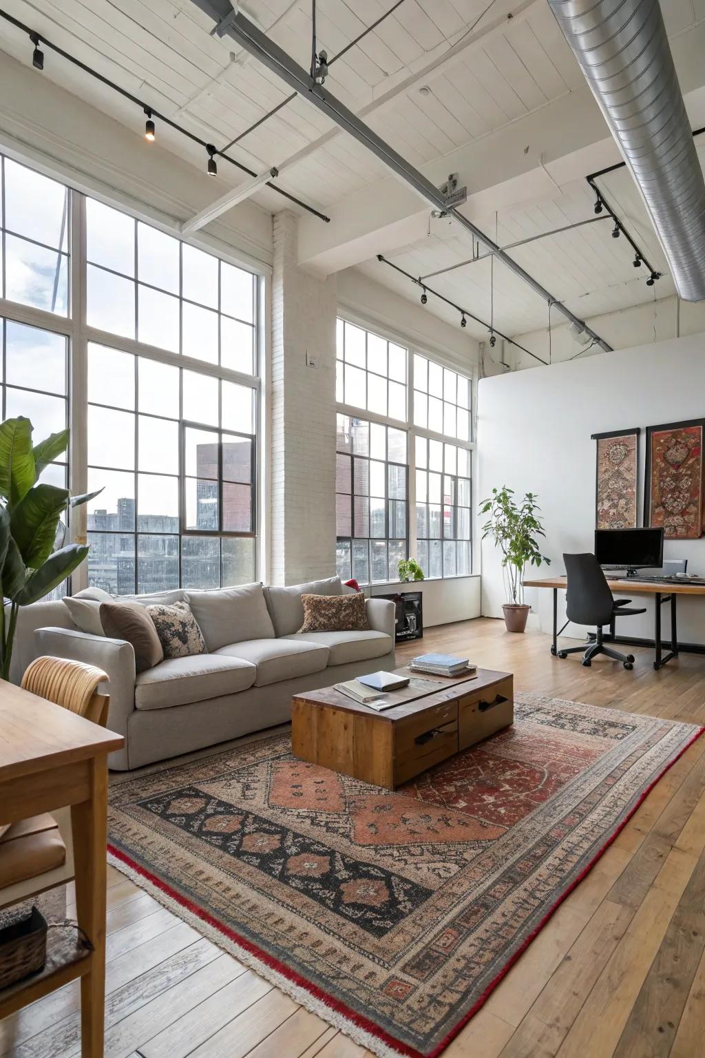 Carpets that elegantly define and accentuate the distinct areas of a loft.