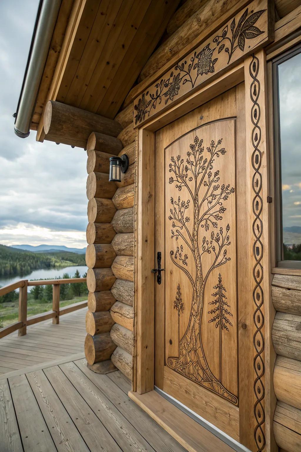 A log cabin door featuring nature-inspired etchings.