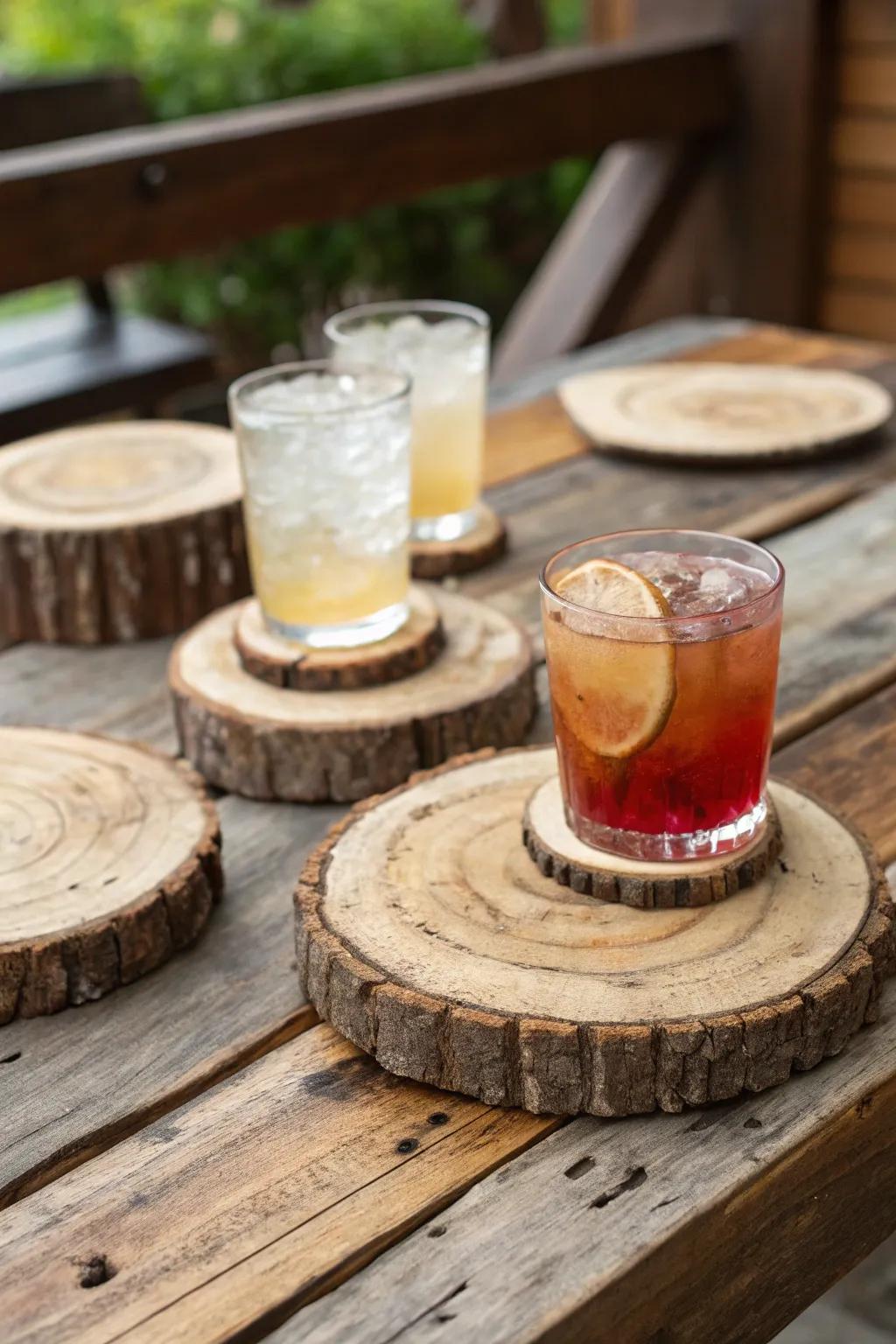 Timber drink coasters on a coffee table.