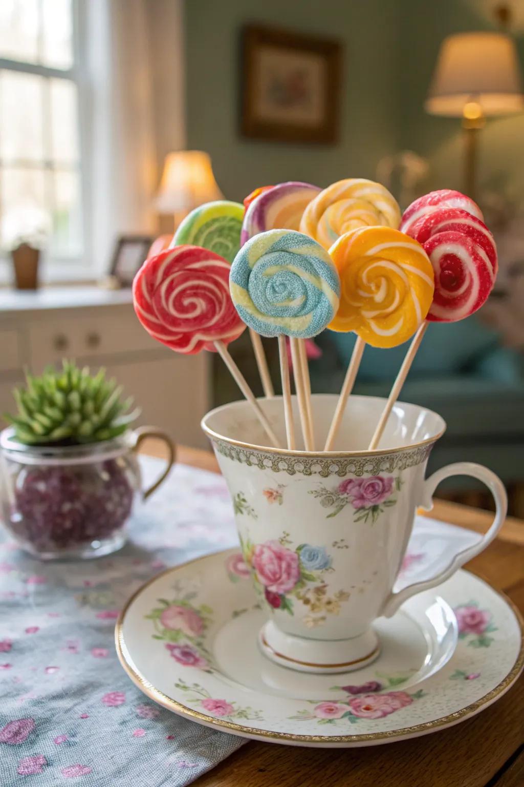 A quirky candy pop posy inside an antique tea cup