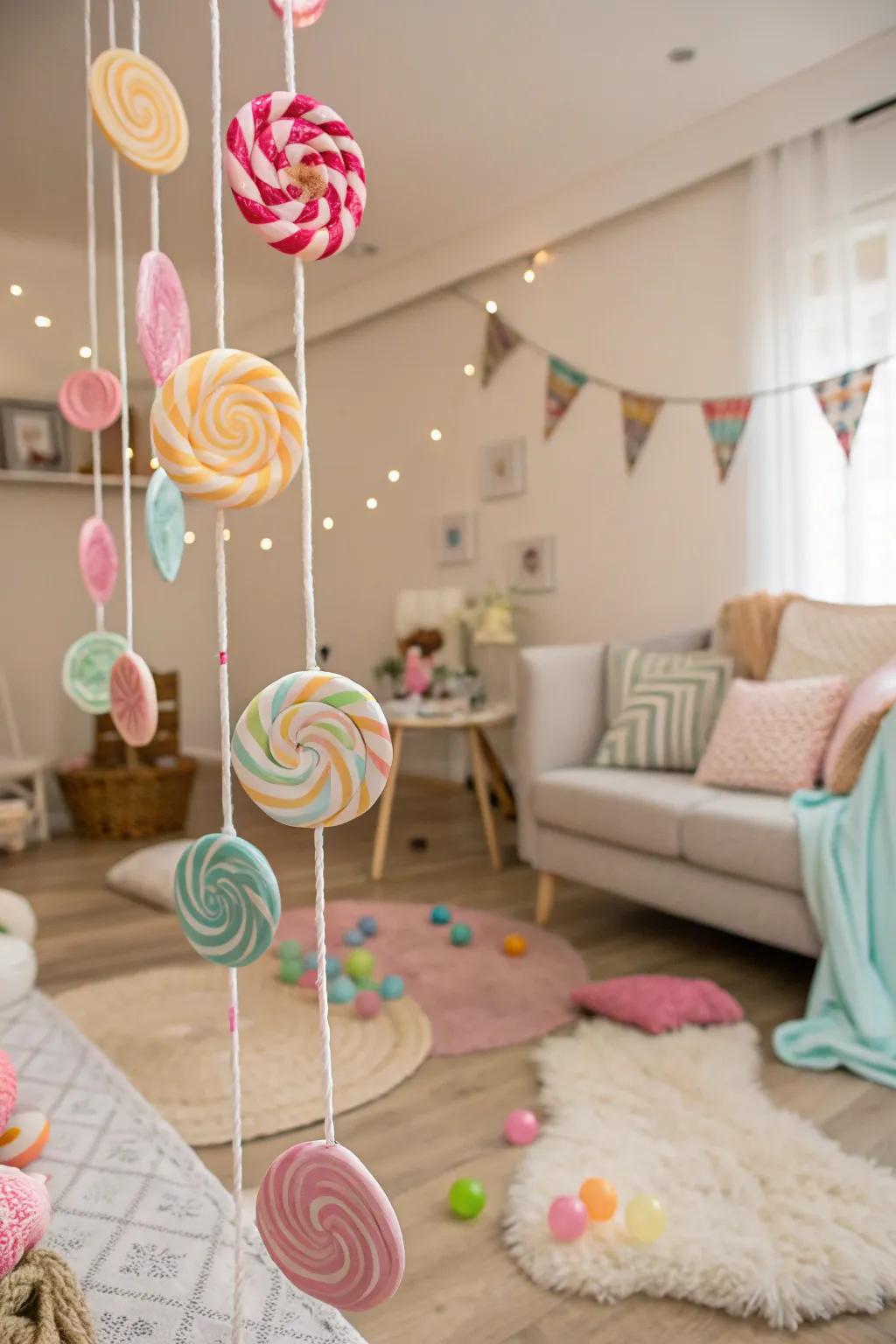 Suspended candies create an enchanting, floating artistry.