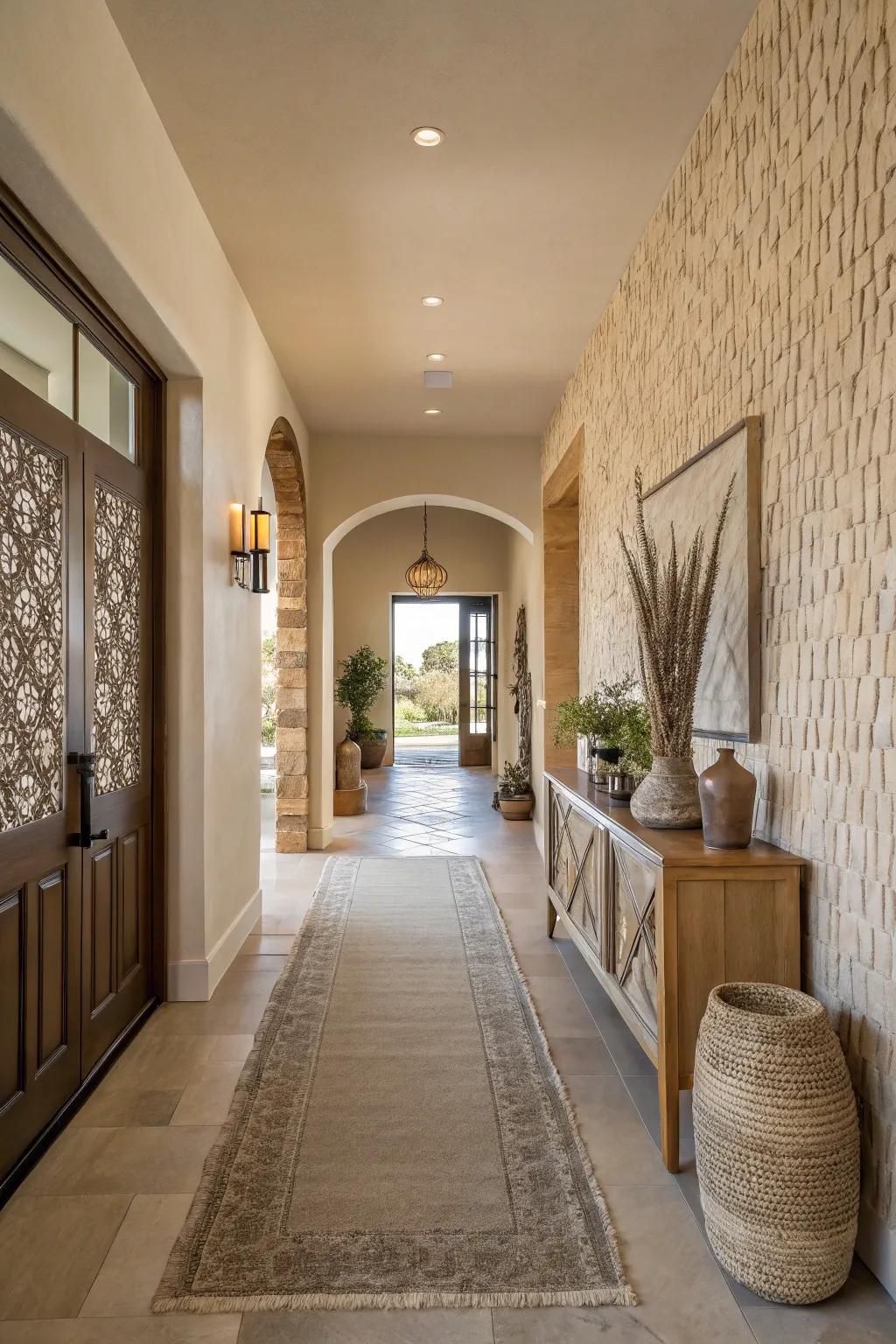 Neutral tones and rich textures create a welcoming atmosphere in this long entryway.