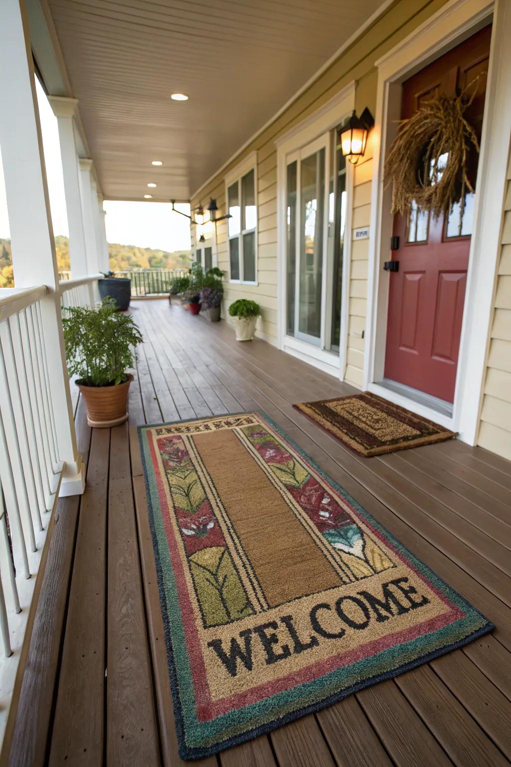 Layered floor mats craft a pleasant and inviting entrance to any porch.