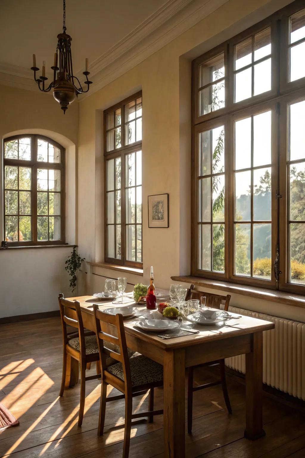 Natural light floods a dining room via expansive windows.