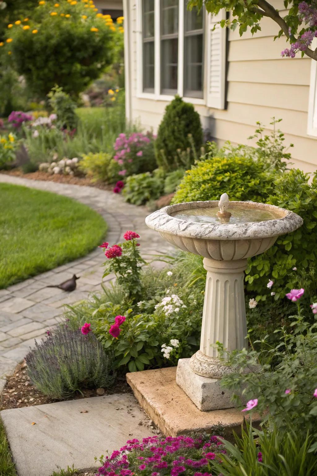 A distinctive birdbath serving as an alluring garden enhancement.