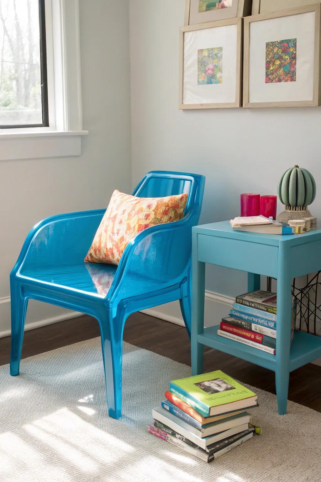 Vibrant-colored clear furniture energizes spaces.
