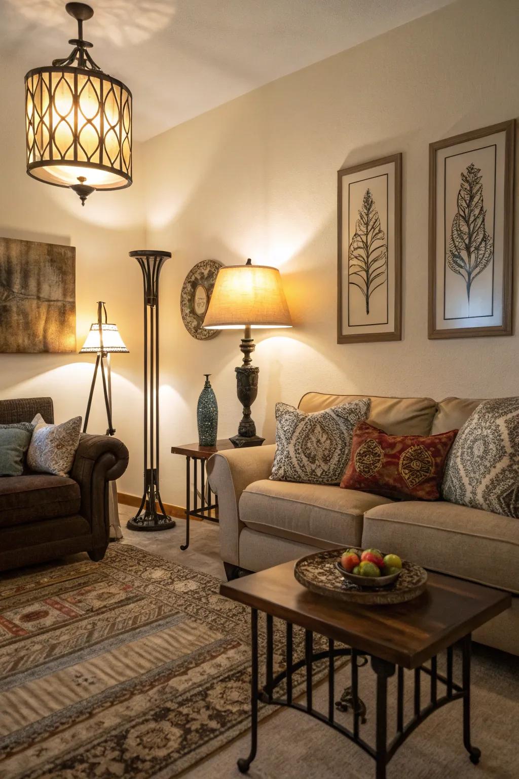 Layered illumination adds depth and ambiance to this elegant living room.