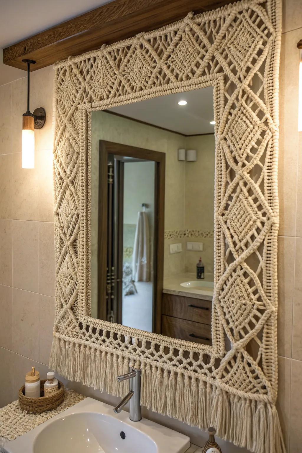 Macrame-framed mirrors as a stylish focal point.