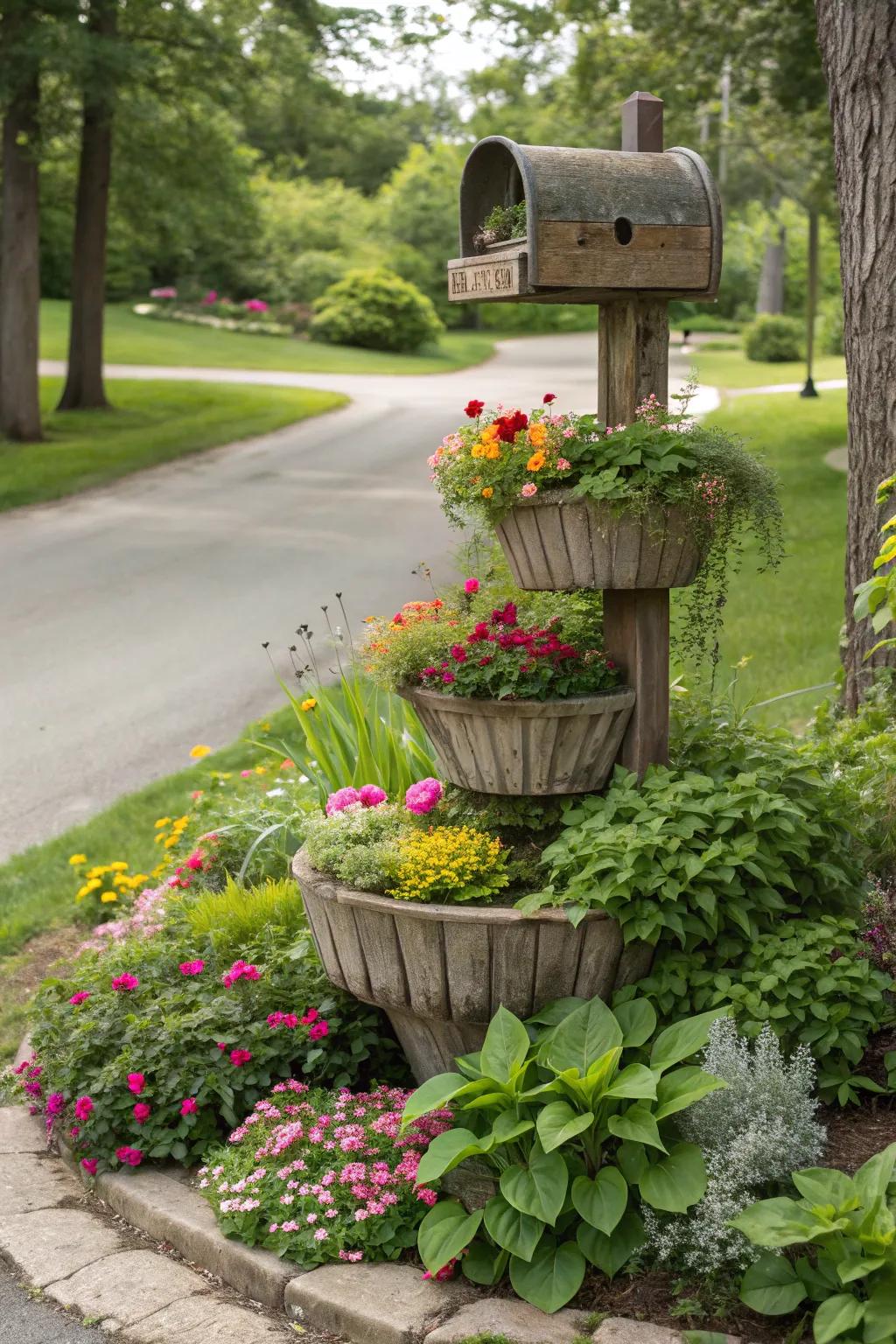 Staggered flower beds offer dimension and a variety of planting options.