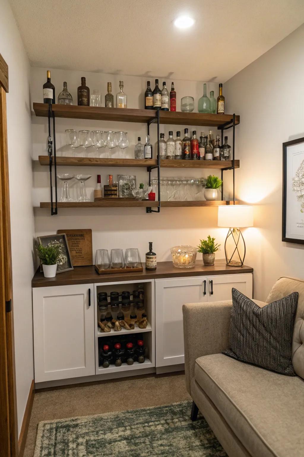 A designated bar recess contributes sophistication and convenience to your man cave.