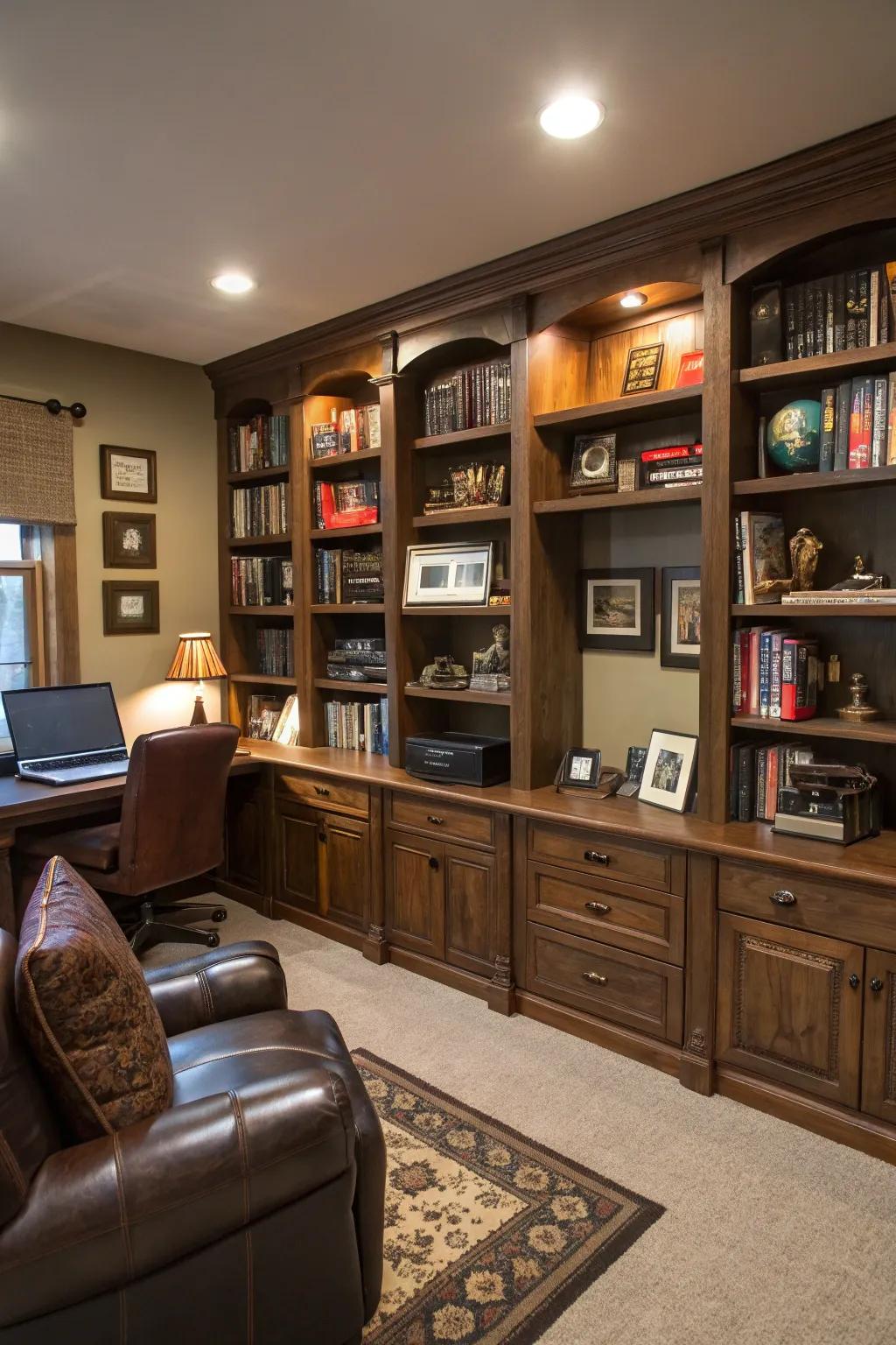 Intelligent shelving keeps the workspace orderly and chic.