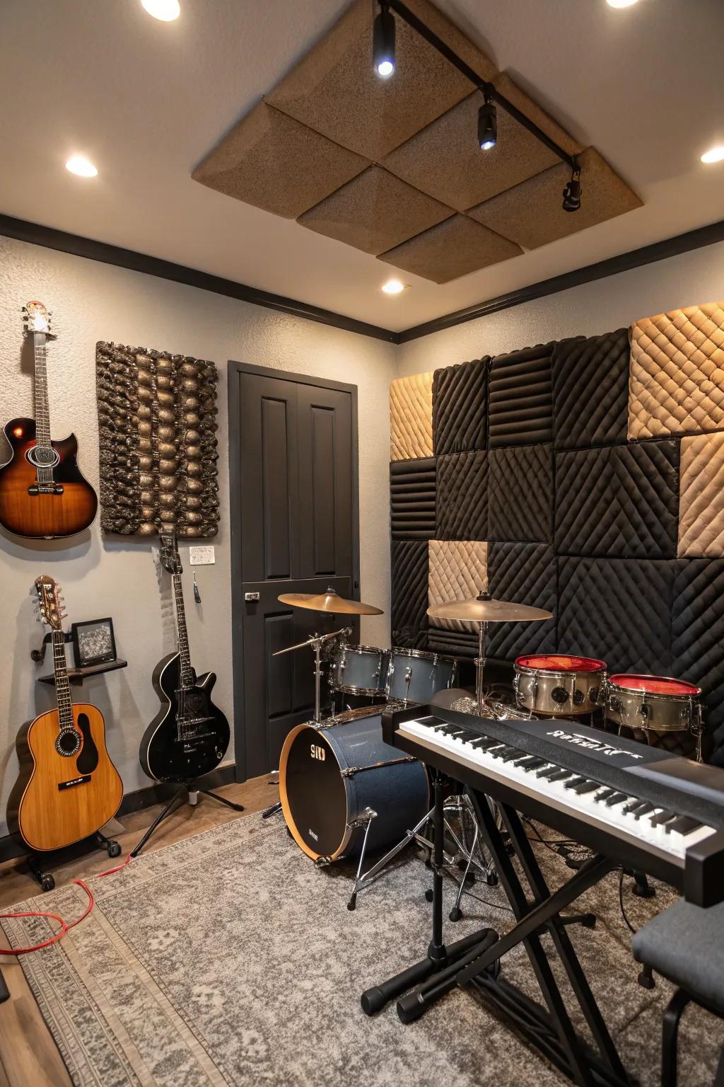 A soundproofed music area featuring acoustic panels and instruments.
