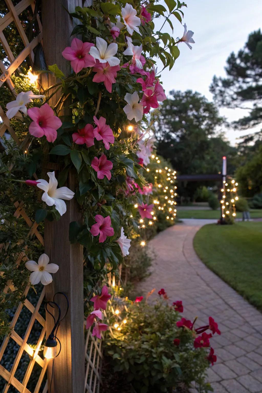 A solar-lit trellis with <strong><em>Dipladenia splendens</em></strong> establishes a magical nighttime garden view.” loading=”lazy” class=”pimg”>
	</picture><figcaption>A solar-lit trellis with <strong><em>Dipladenia splendens</em></strong> establishes a magical nighttime garden view.</figcaption></figure>
<p>Merge a trellis with solar lights to generate a magical evening atmosphere. I admire how the gentle radiance accentuates the <strong><em>Dipladenia splendens</em></strong> blossoms, transforming your garden into a nighttime getaway.</p>
<h3>Useful items to consider:</h3>
<ul class=