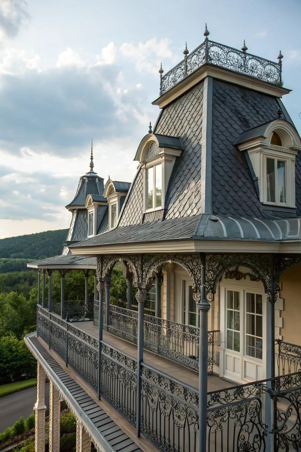 Architectural details boost the style of this mansard roof.
