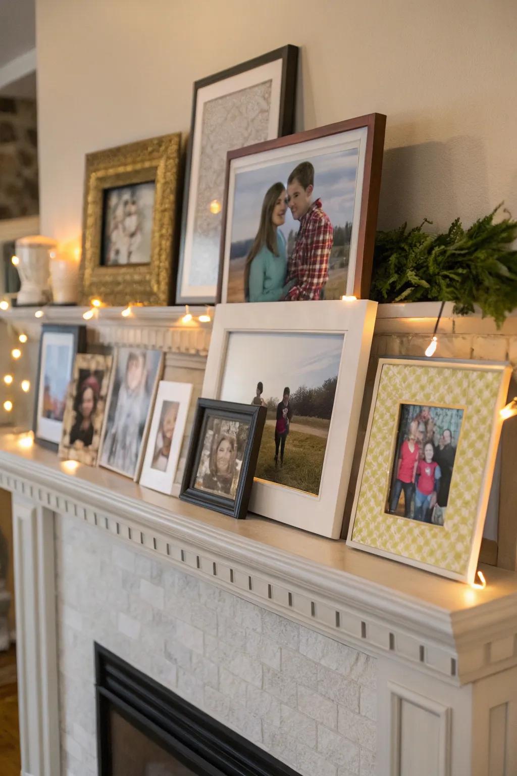 Family portraits lend a personalized and heartwarming feel to the mantel.
