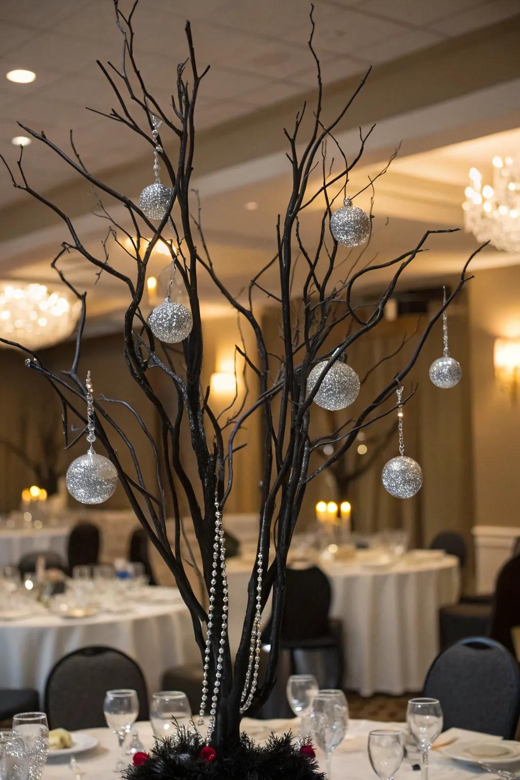Refined black tie centerpiece featuring black and silver.