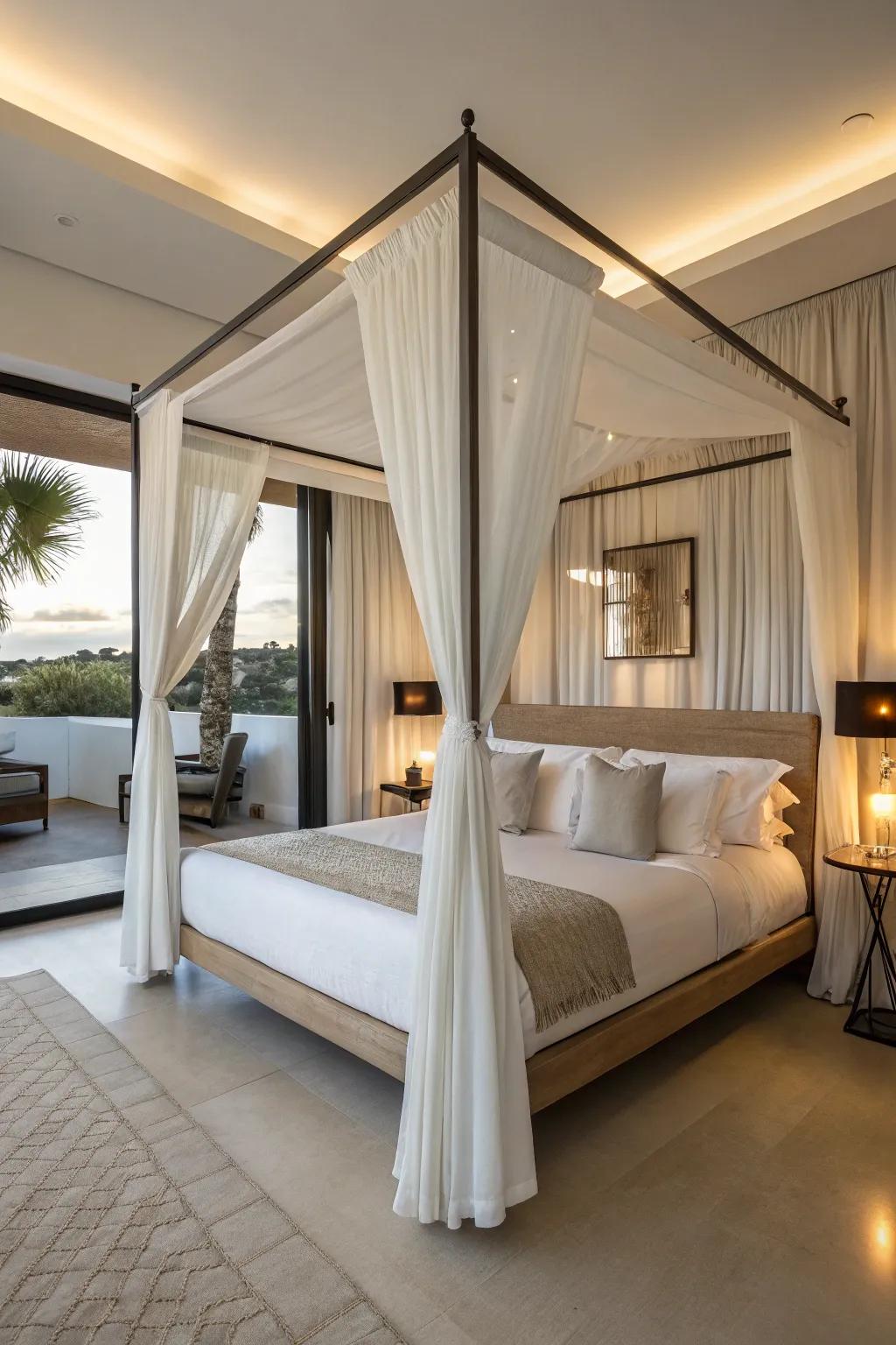 A modern four-poster bed introduces elegance and a touch of drama.