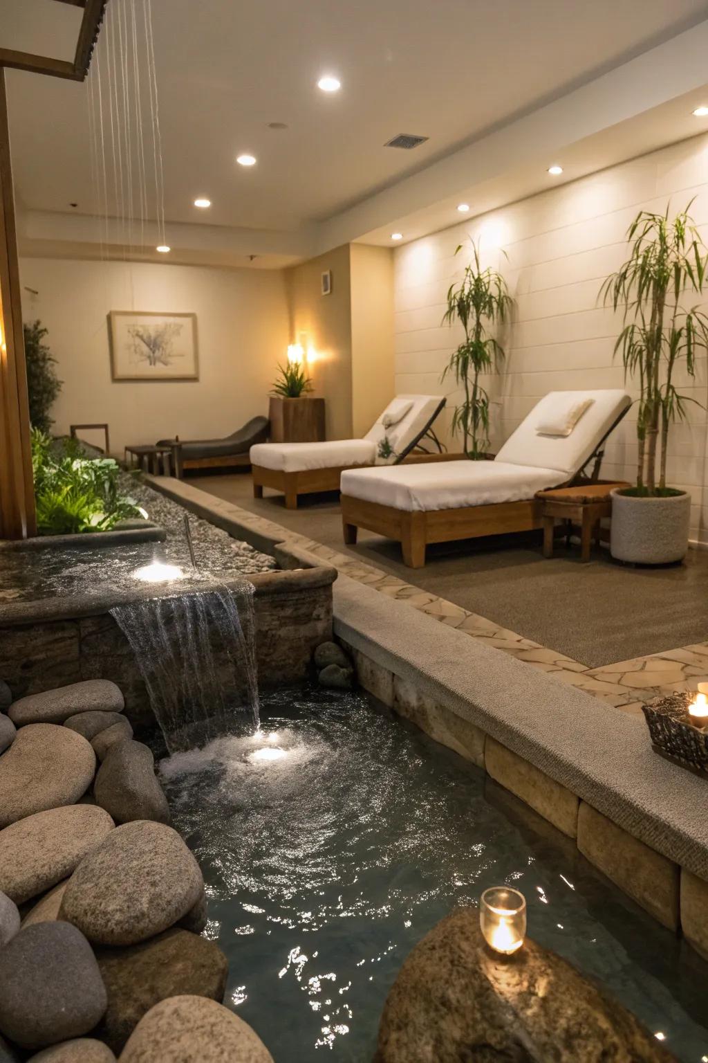 A water element improves the room's soothing atmosphere.