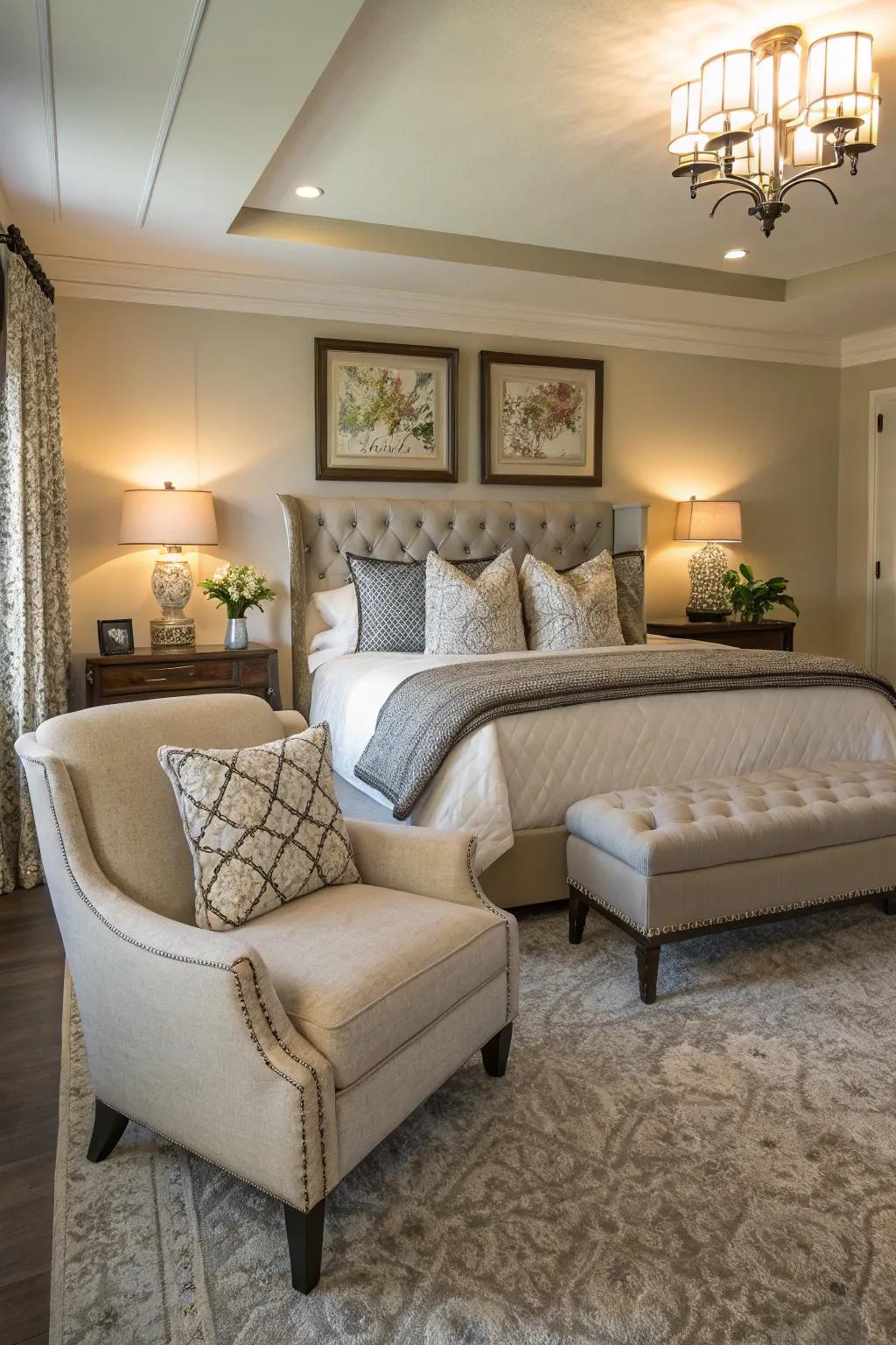 A seating area brings luxury and comfort to the bedroom.