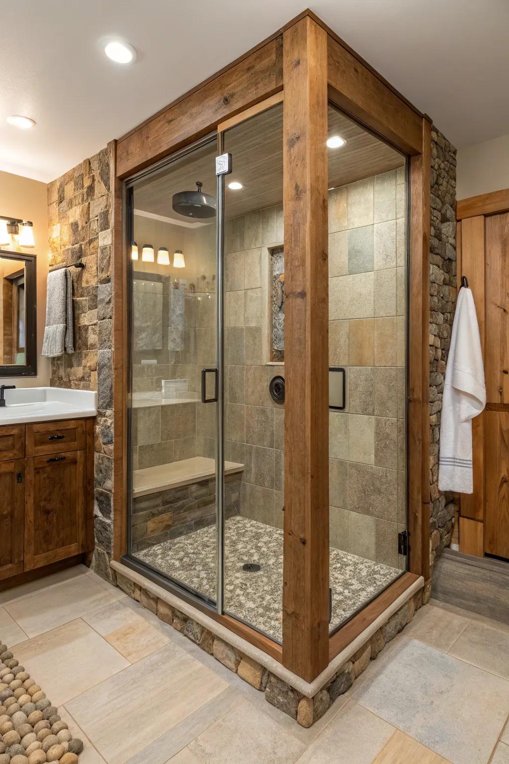 A mix of materials cultivates a balanced and inviting shower space.