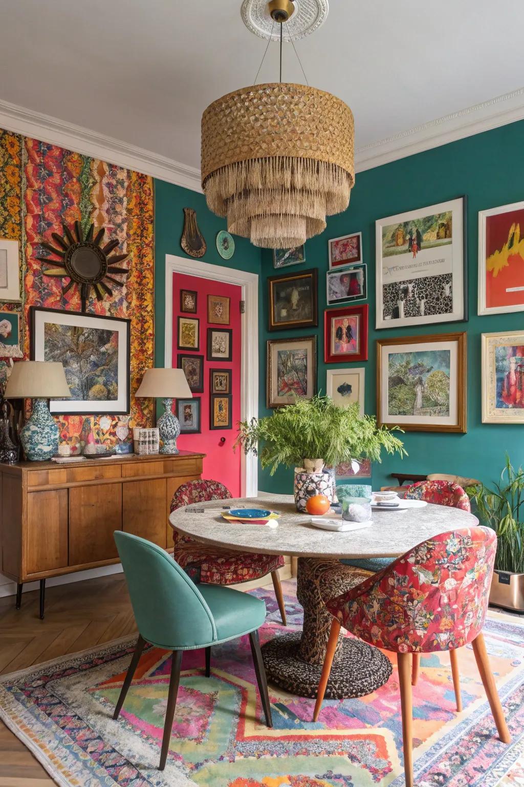 A lively dining room prepared for entertaining.