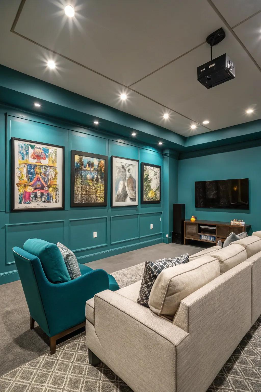 A calming media room with teal walls, offering a unique twist on relaxation.