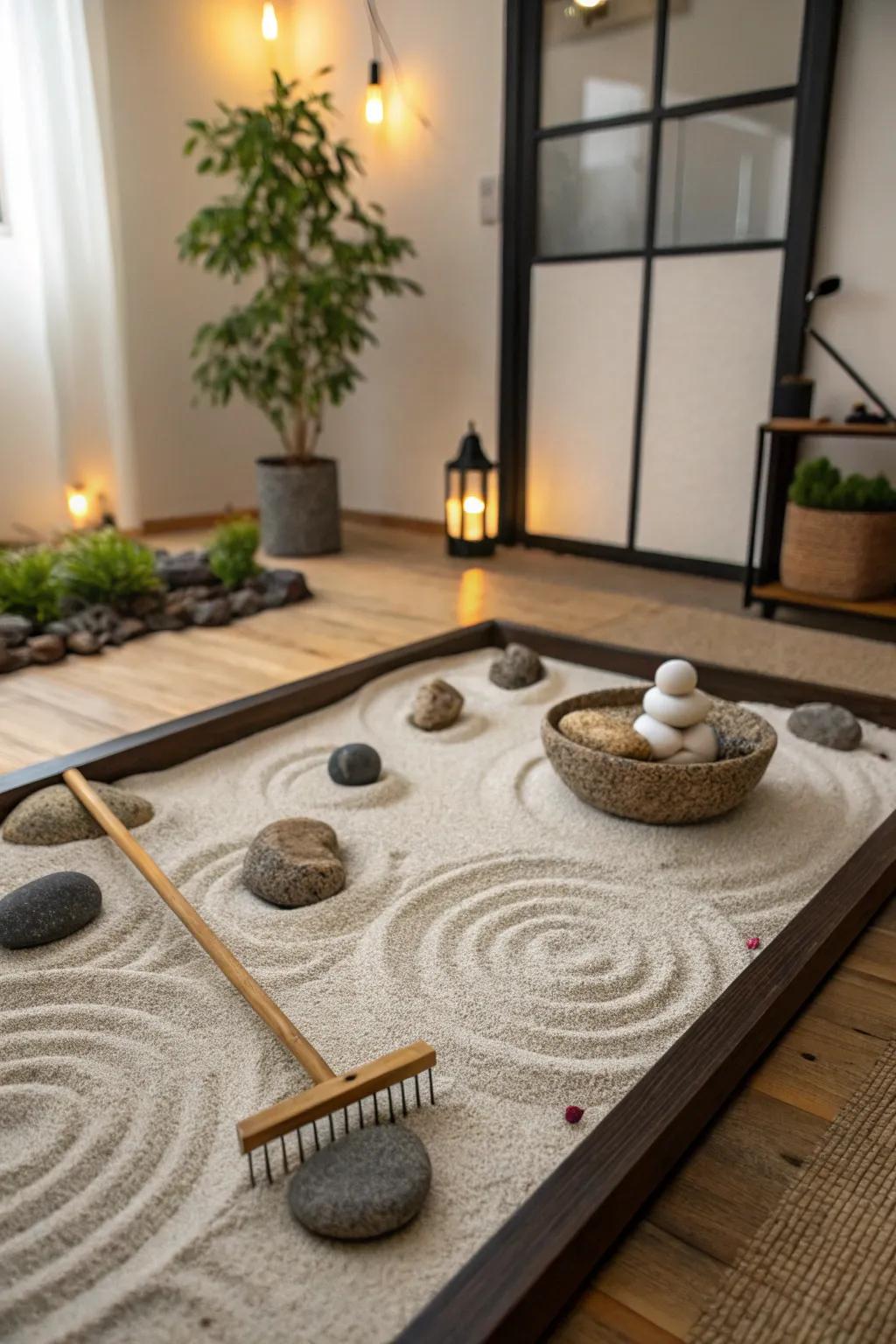 A DIY Zen garden adds a tactile and meditative element to your space.